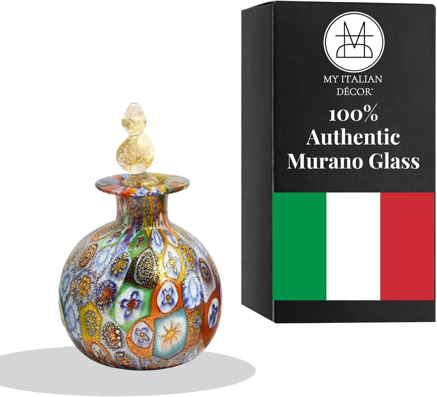 Murano Glass Handmade Italian Vintage Perfume Bottle with Millefiori, 3.75" Tall - Decorative Jar, Apothecary Small Glass Bottle - Elegant Colored Glass Decorative Bottle, Made in Italy (Multi)