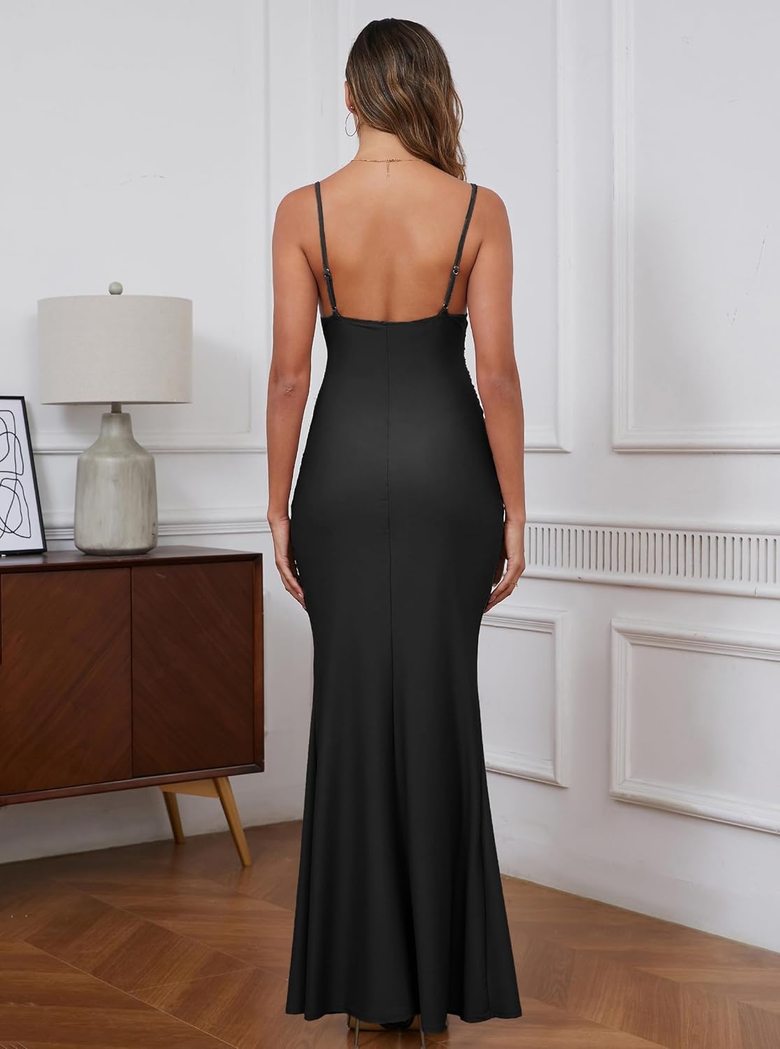 Capuffy Women's Spaghetti Straps Mermaid Maxi Dress Drape Neck Backless Elegant Evening Gown Wedding Guest Formal Dress 359 - Image 3