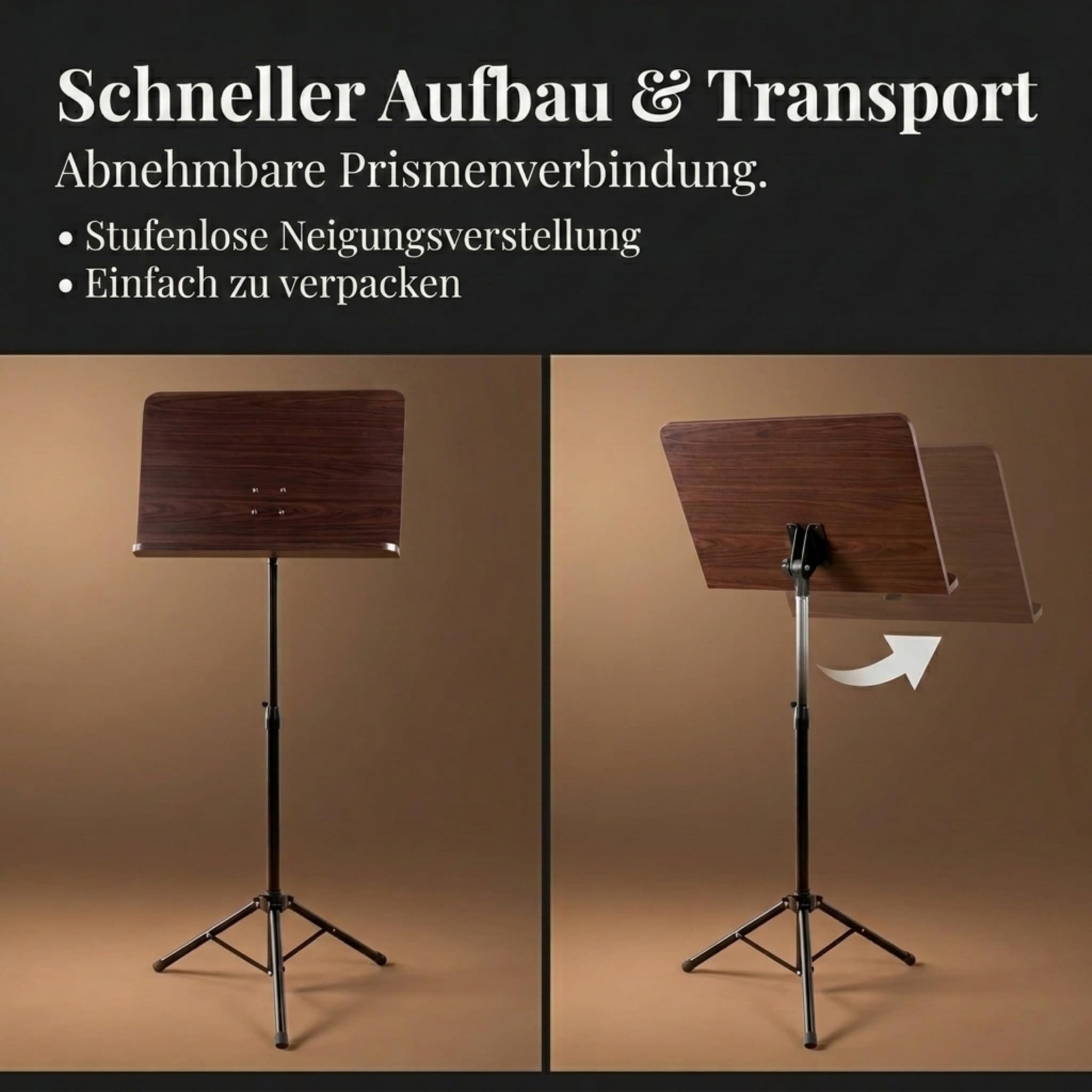 Classic Cantabile Orchesterpult Rosenholz - Robustes Stativ mit großer Notenablage - Edle Optik in Rosenholz laminiert - Höhenverstellbar von 65 bis 110 cm - Prismenverbindung