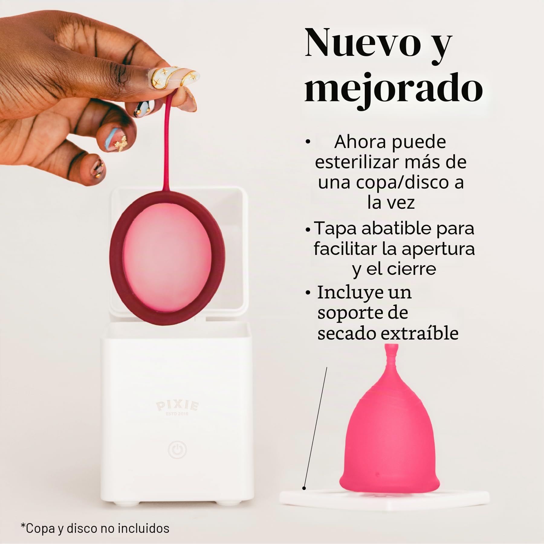 Pixie - Esterilizador de copa menstrual - Clasificado 1 para el mejor vaporizador - Mata el 99.9% de los gérmenes con vapor más limpio - Lava tu taza o disco menstrual en 3 minutos. - Interruptor de