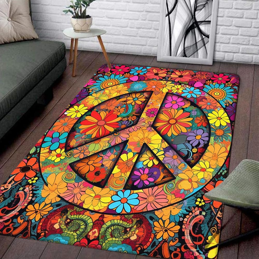 Custom Hippie Rug - Peace Sign Area Rug, 3x5, Non Slip, High Pile, Indoor, Spot Clean Only, Rustic
