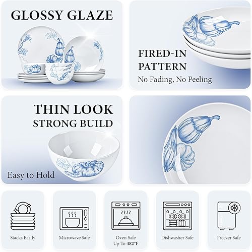 Miniatura 3 de Minh Long - Juego de vajilla de porcelana de 12 piezas para Acción de Gracias, platos y cuencos de cosecha de calabazas para 4, platos de otoño,