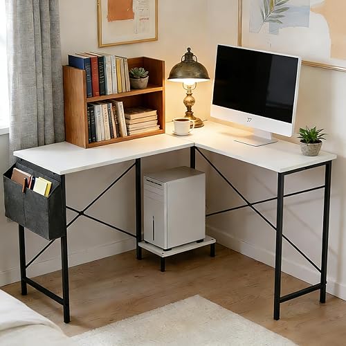 Miniatura 2 de Escritorio en forma de L para computadora de oficina en casa, escritorio para juegos con estante para CPU y bolsillo de almacenamiento colgante,