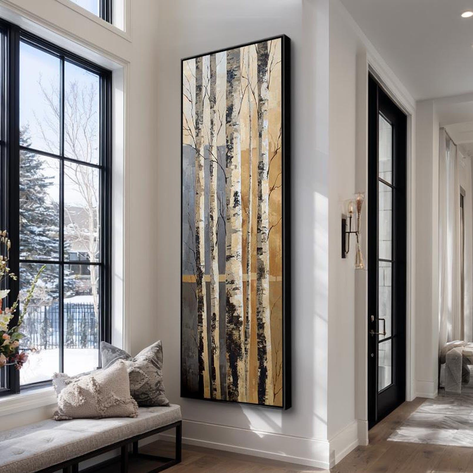 XINBAO Vertical Canvas Wall Art Painting, Tall Birch Tree Art Work, Framed Artwork, Abstract Nature Decor，Horizontal Bed Decor(30x90cm/Frameless)