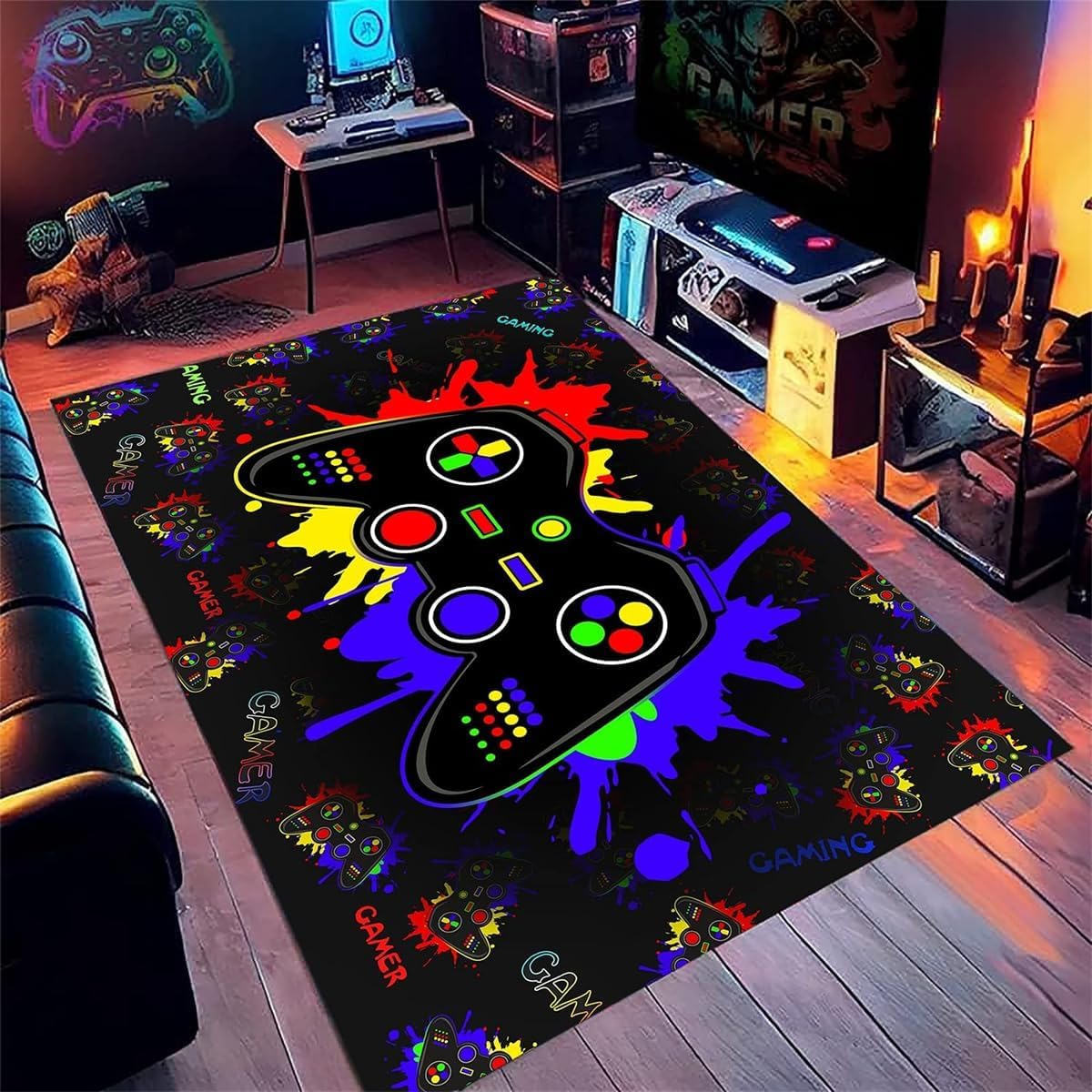 Xisnuient Men's Black Teenager Bedroom Rugs Gamer Rug Gaming Deco Boys Room Modern Living Room Anti-Slip Rug 3D Dazzling Neon Coloured Graffiti Game Console Soft Flannel Carpets (,160X200cm)
