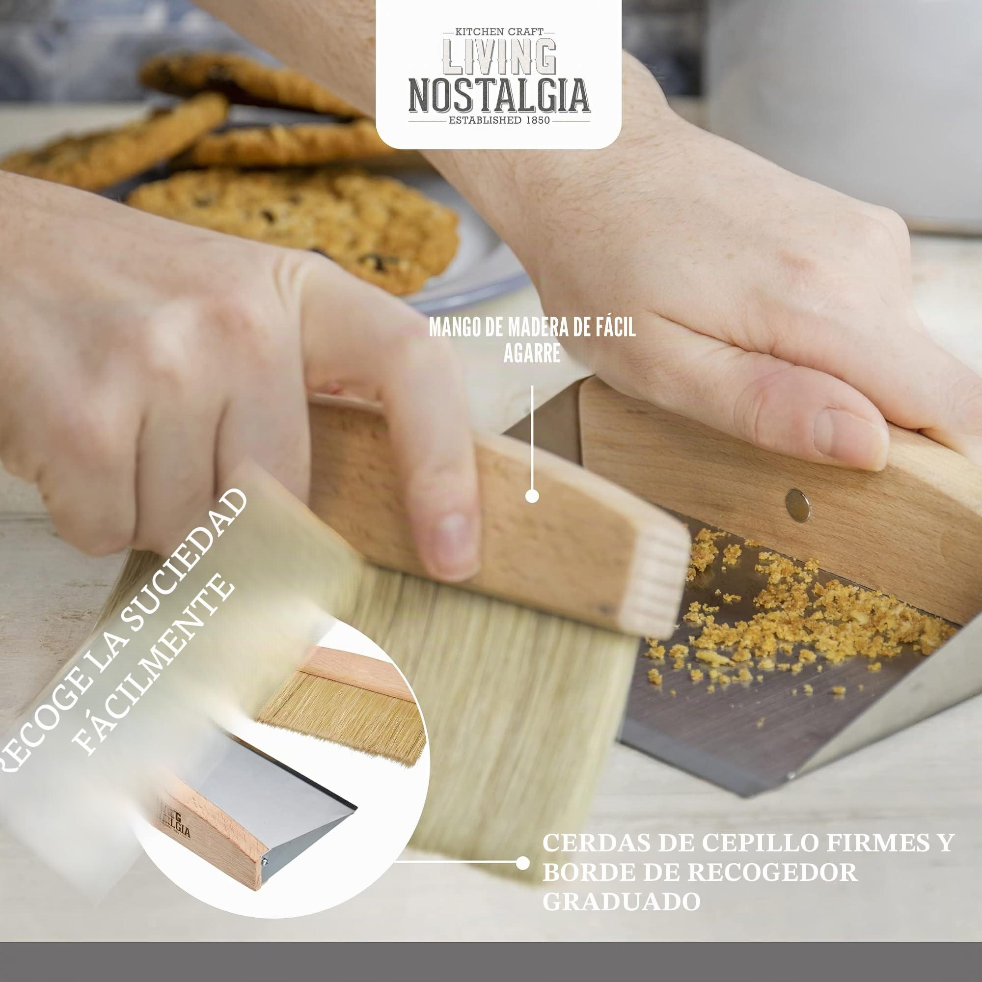 KitchenCraft Living Nostalgia Juego de Cepillo y Recogedor Sobremesa Acero Inoxidable Madera Magnéticos 16 x 11 x 4 cm