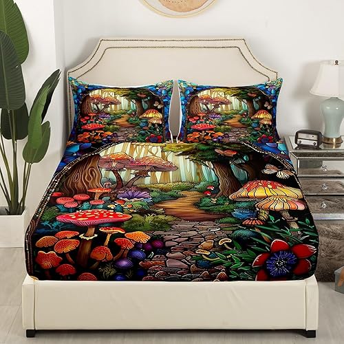 Miniatura 3 de Manfei Jungle Mushroom Bed Sheet Set for Kids Boys Teens Adults Adults,Fern Plants Botanical Fitted Sheet King,Natural Wild Fungus Bedding Sheet Set