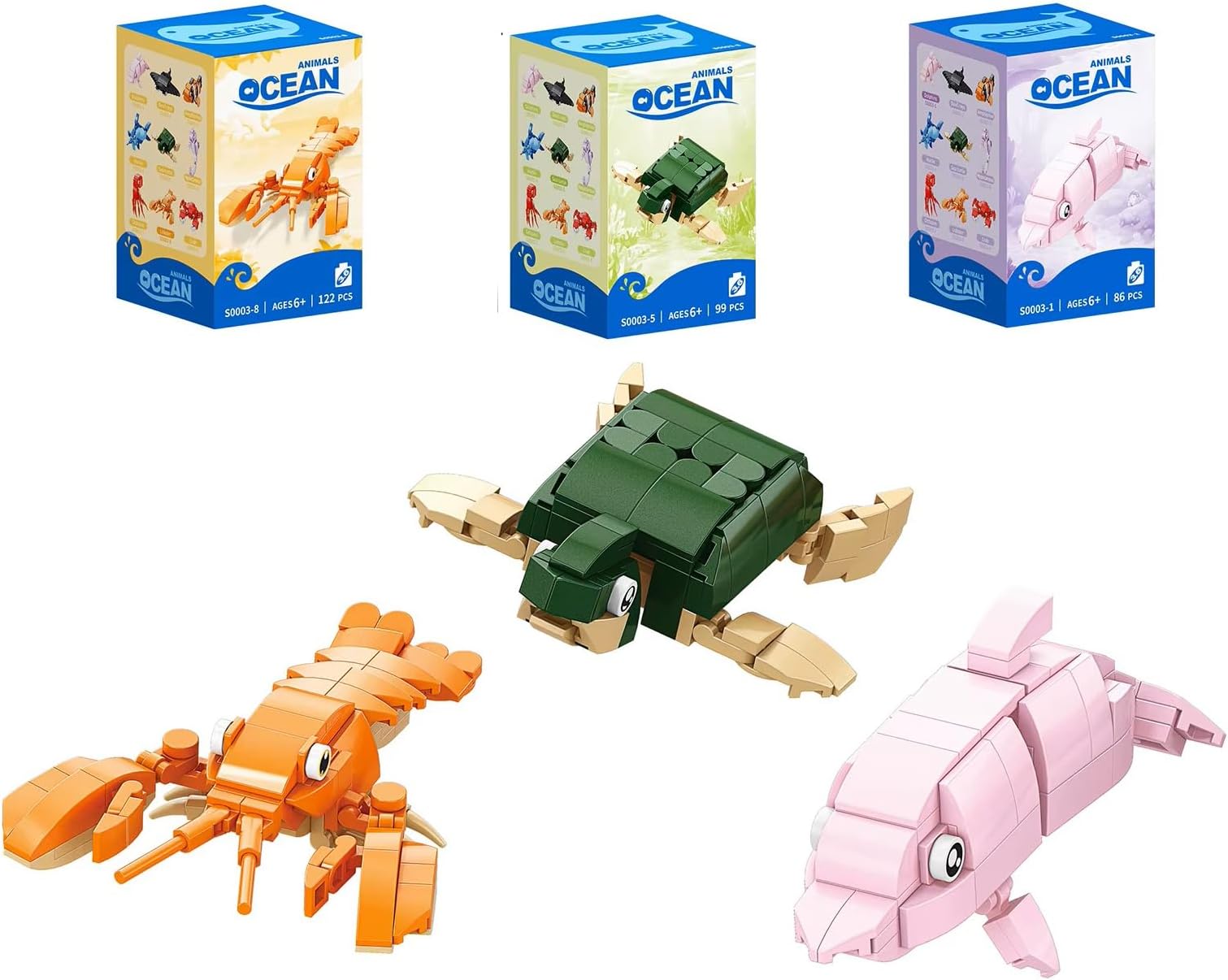 Ocean Animals Building Block Sets, 3 Pack Sea Creatures with Movable Parts, Ages 6+,100 Pieces Each