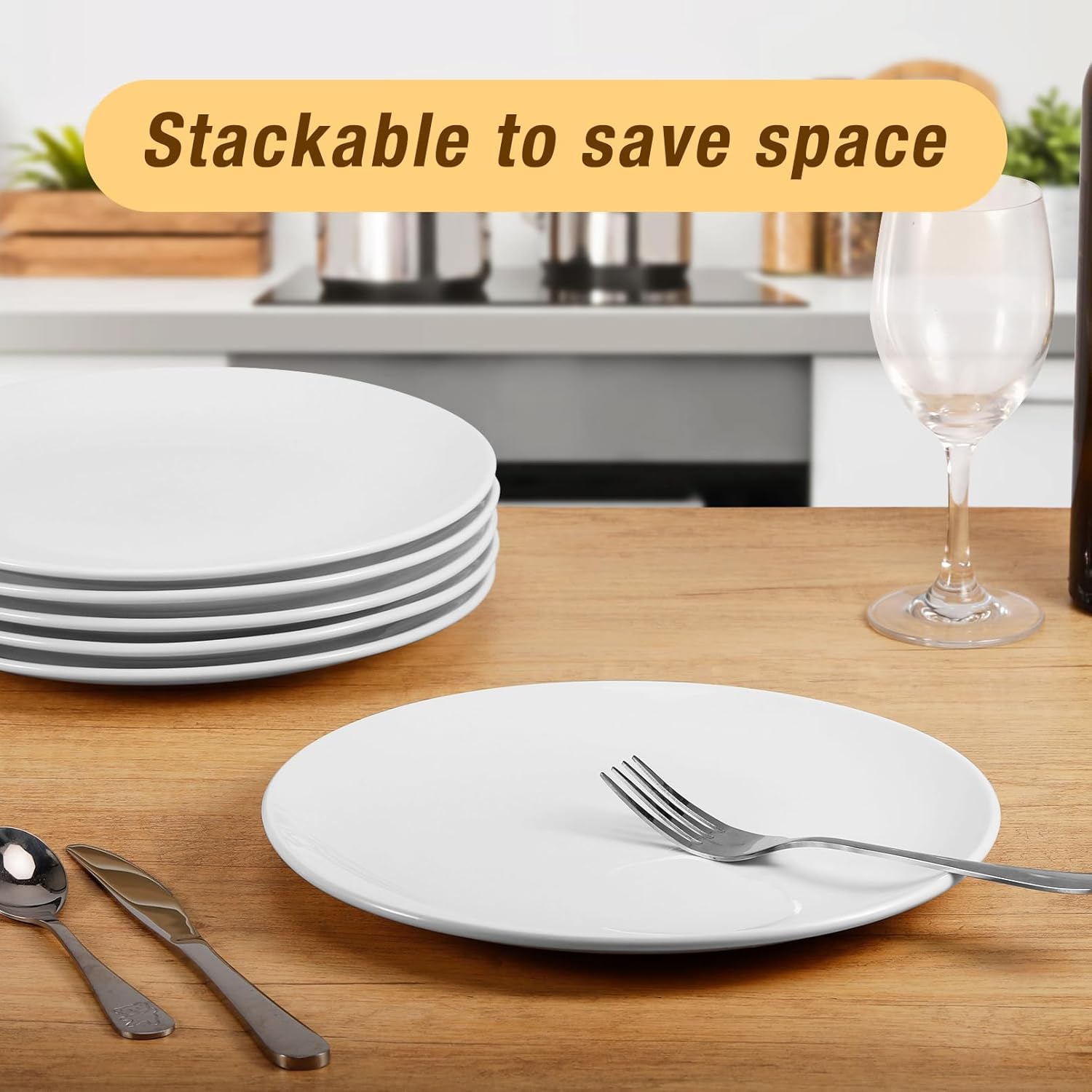 Set di 6 piatti piani in porcellana bianca, piatti da insalata rotondi, 25 cm, piatti piani in ceramica bianca, adatti al microonde e alla lavastoviglie, antigraffio