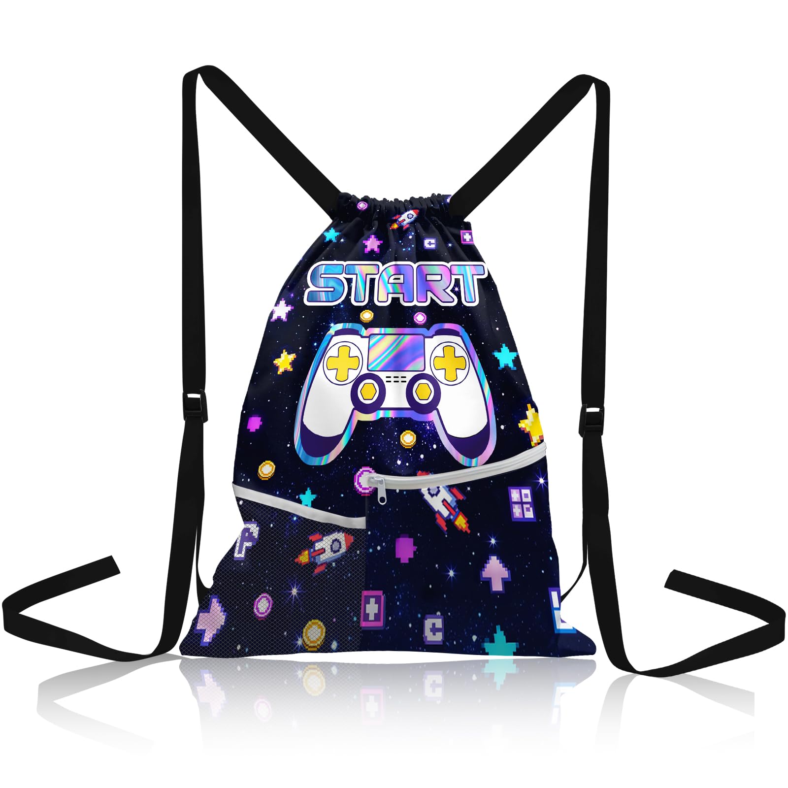 Game Printed Drawstring Backpack with Mesh Pocket, Drawstring Bags Backpack Waterproof, Large Lightweight Bag Swim Gym, Backpacks Game Bags Gift for Boy, Sports Draw String Bag for Boy