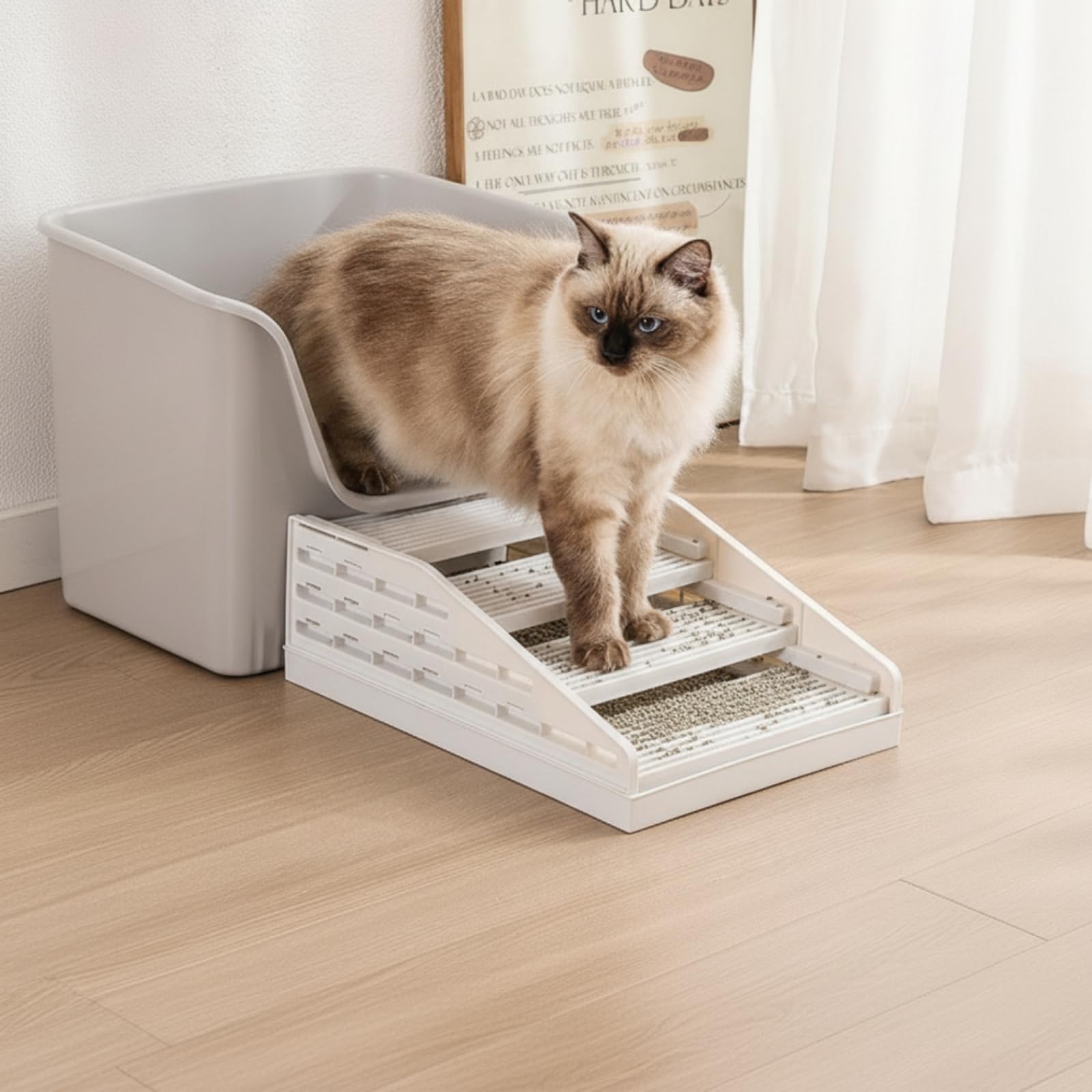 Anti Rutsch Katzenmatte Katzenpad Katzenklo Matte Katzenstreu Matte mit Gestufter Rampe Rutschfestem Deck Und Auffangwanne Unten Klappbarer Oberteil, Weiß