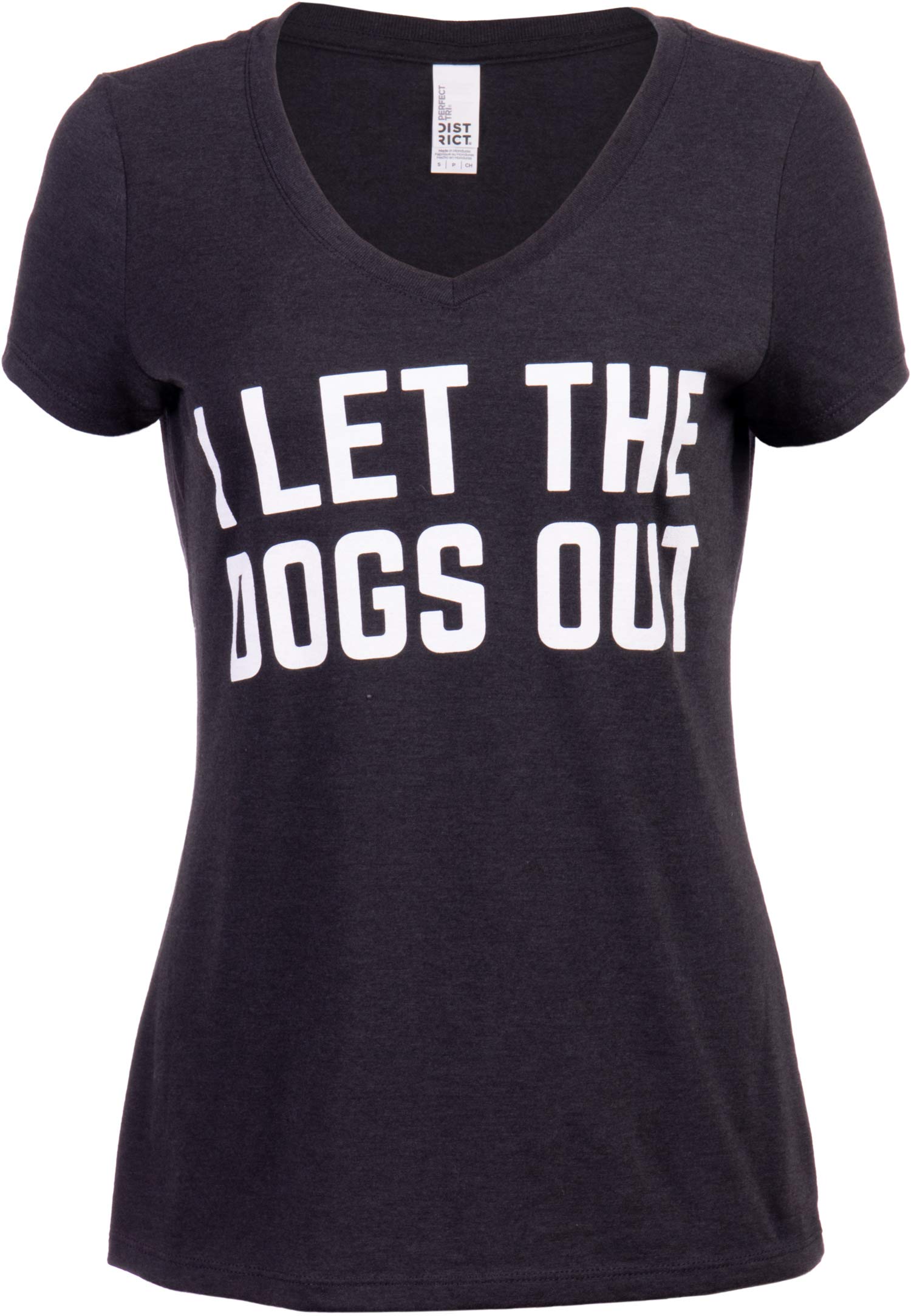 Ann Arbor T-shirt Co. I Let The Dogs Out | Funny Dog Walker Joke Pet Owner Humor Women's V-Neck T-Shirt Top-(Black, L)