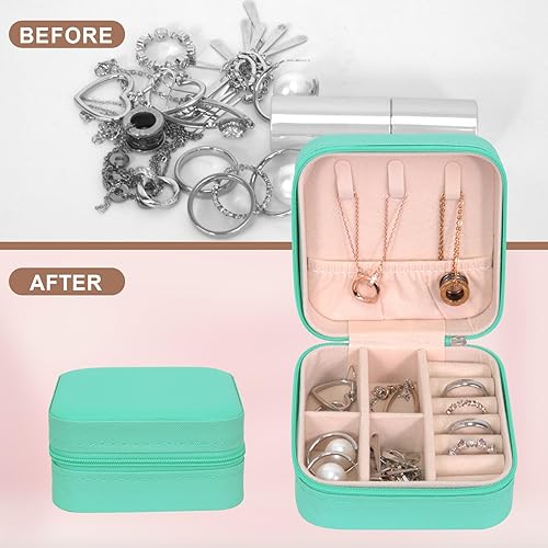 Miniatura 6 de Joyero pequeño de piel sintética, portátil, organizador de joyas para mujeres y niñas, organizador de joyas y almacenamiento para anillos, aretes