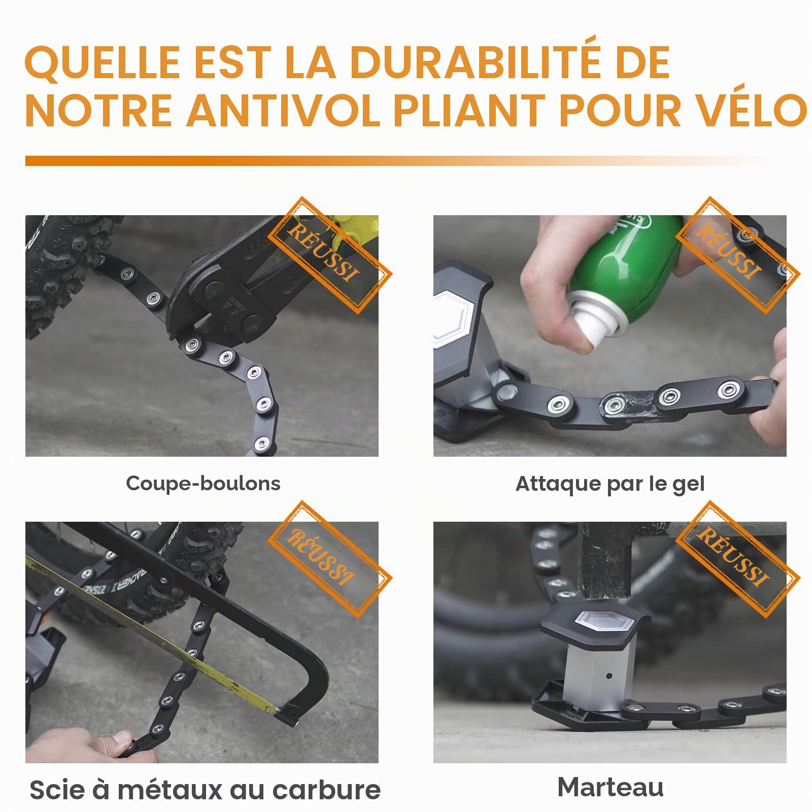 ICOCOPRO Antivol pliable pour vélo - 85 cm - Avec support - Haute sécurité - Noir