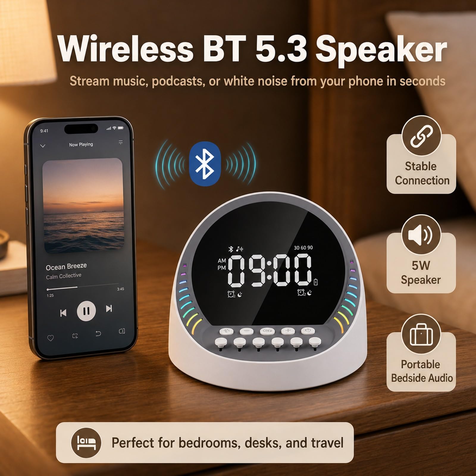 Máquina De Sonido Inteligente De Ruido Blanco Con Altavoz Inalámbrico Bluetooth, Luz Nocturna Ambiental De Colores Dinámicos Y Reloj Despertador Digital; Sonidos Relajantes De La Naturaleza(Negro)