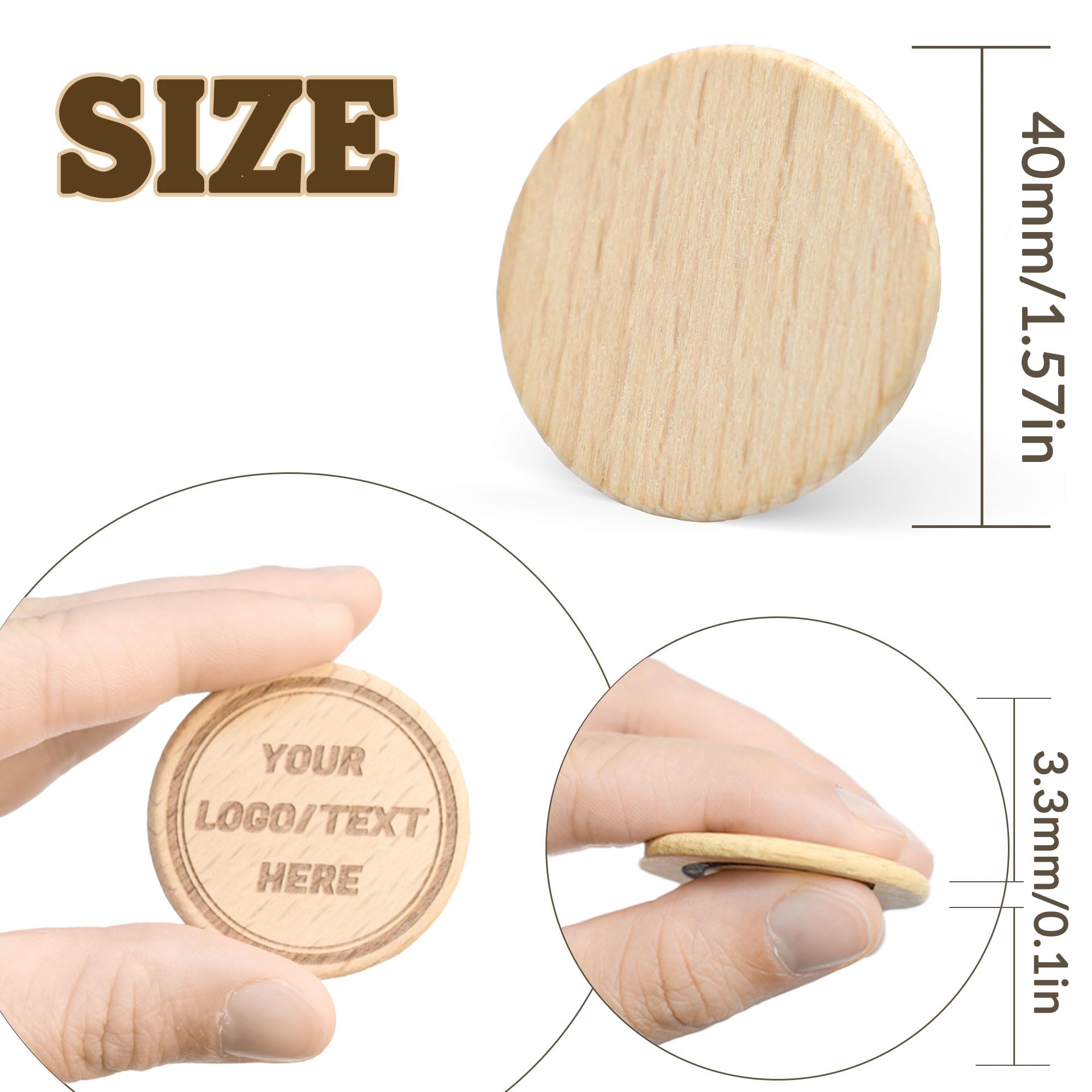 Qansean Lot de 30 à 1 000 jetons en bois personnalisés de 3,8 cm, gravés avec votre logo/texte ou image sur une copeaux de bois, parfaits pour bar, fête, mariage, événements d'entreprise