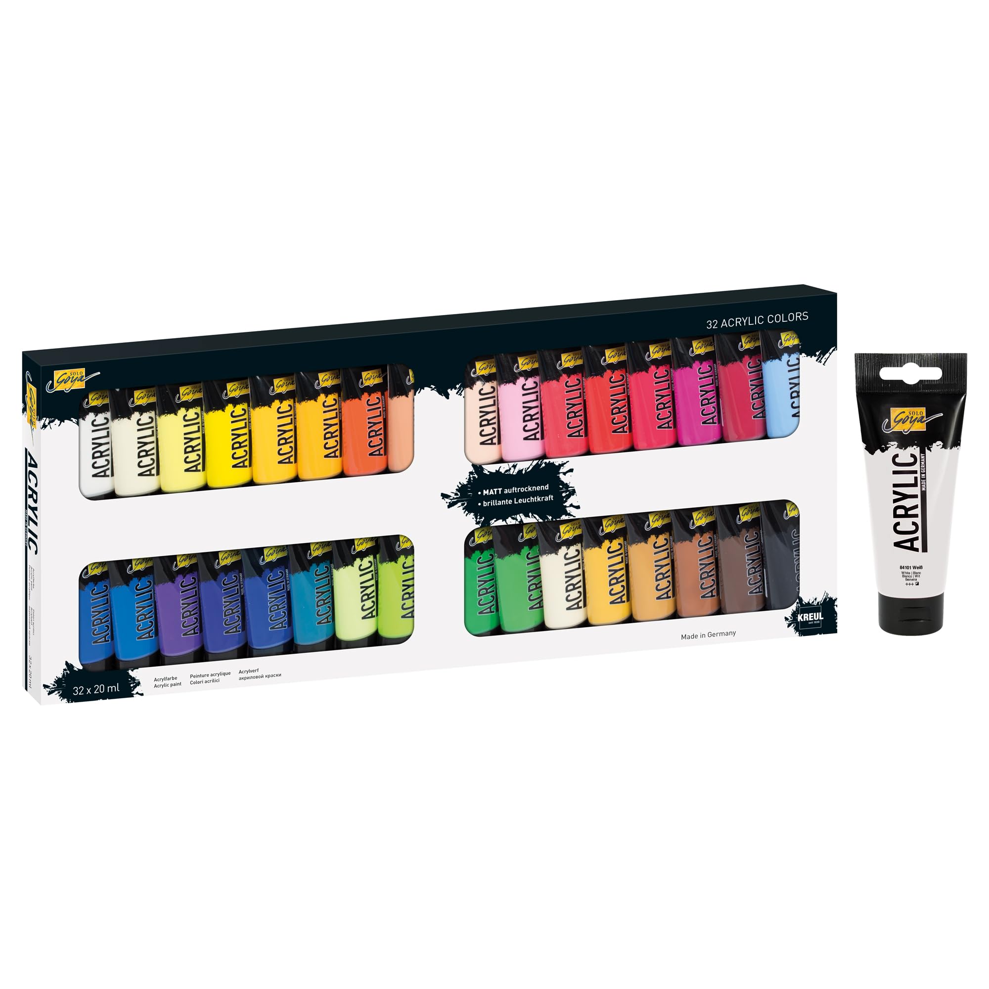 KREUL 35604-84173 - Solo Goya Acrylic Set avec 32 Couleurs en Tubes de 20 ML y Compris 100 ML en Blanc, Peinture Acrylique crémeuse de qualité étude, à Base d'eau, séchage Mat, résistant à l'eau