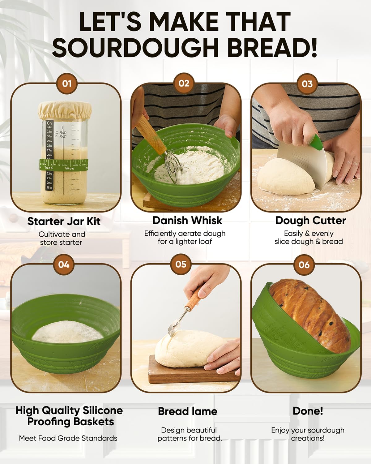 Sourdough Bread Baking Supplies 34 OZ Sourdough starter kit with 2 Bread Proofing Basket - Green - Image 4