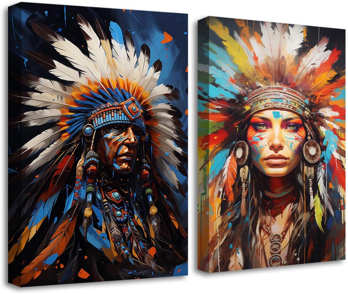 CXHOSTENT Native American Canvas Wall Art Set of 2 Vintage Feather Headdress Indians Men and Women Painting Prints Black Gold Couple Pictures Framed (A, 11.00"x14.00"x2P)