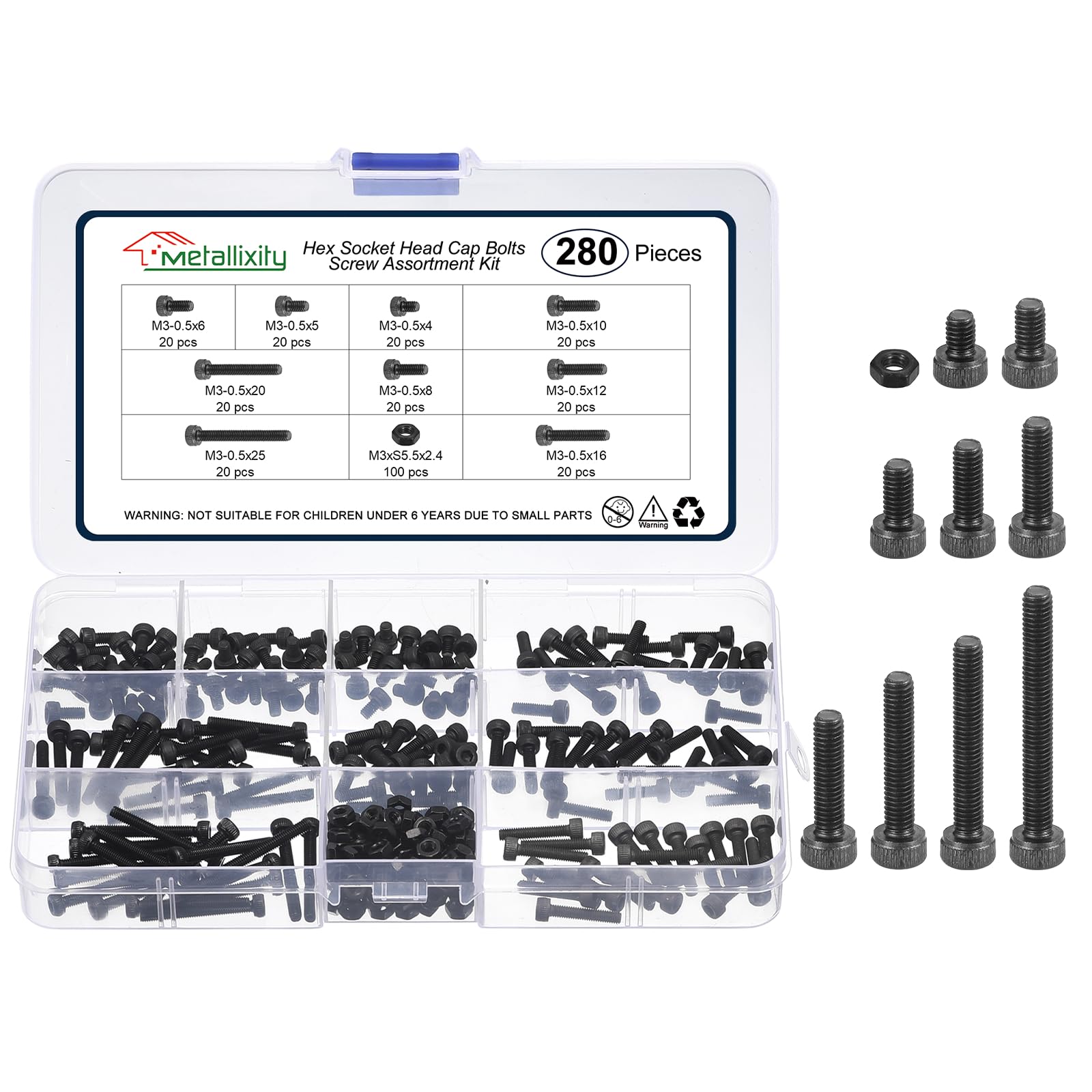METALLIXITY Hex Socket Head Screws Assortment Kit (M3x4/5/6/8/10mm) 280Pcs, Carbon Steel Allen Socket Drive Metric Black Oxide - Machine Grade 12.9 Internal Hex Screw, Black