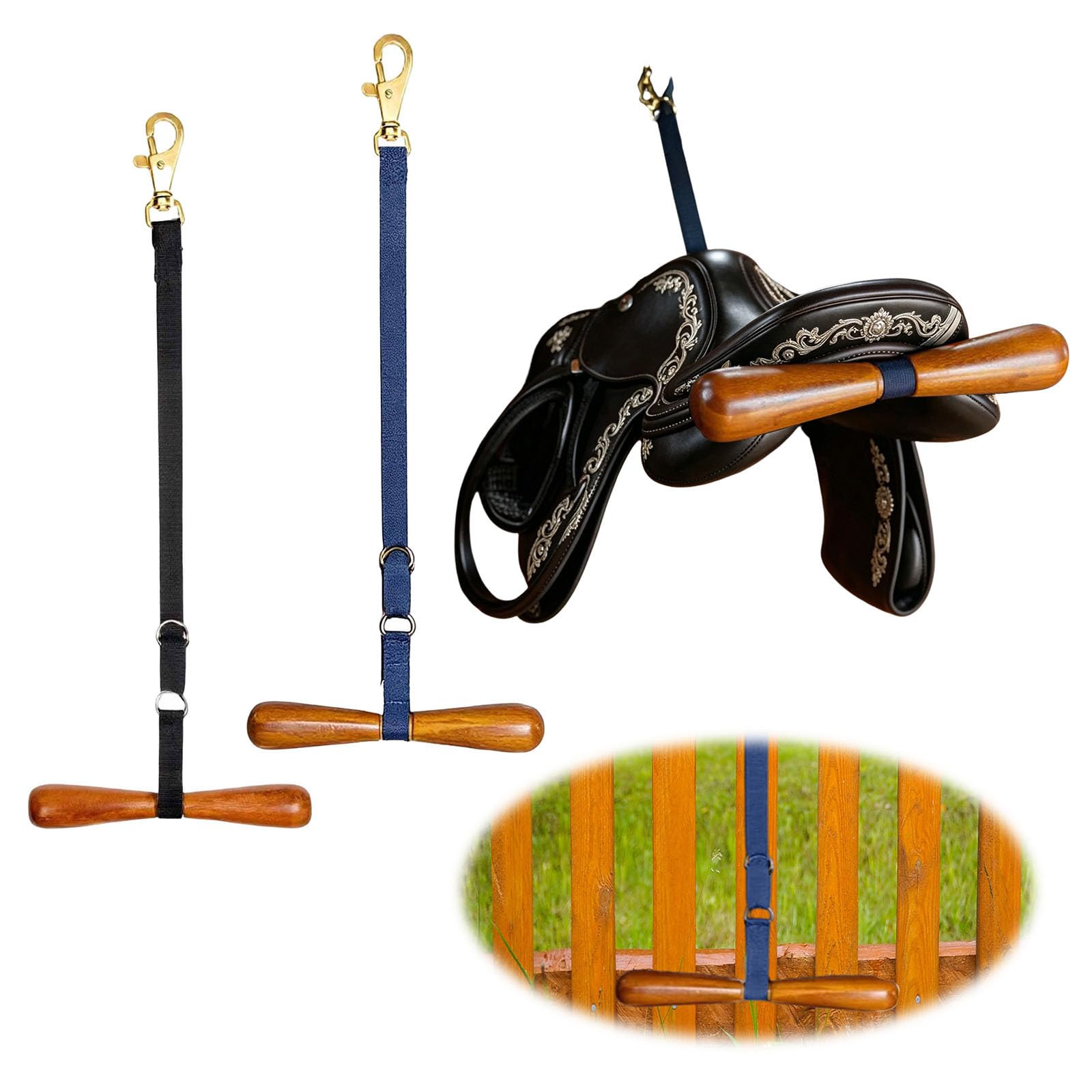 Saddle-Shaped T-Shaped Hanger, Saddle Rack Holder with T Bar Support Strap, Adjustable Wall Mounted Horse Tack Storage, for Western & English Saddles, for Home Stable Horse Trailer (Black+Blue)