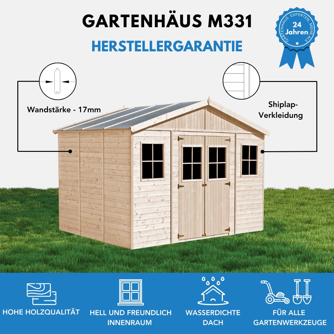 Gartenhaus Holz - Geräteschuppen mit Fenstern - H246 x 418 x 320 cm/ 12 m² Naturholz-Shiplap-Schuppen - Gerätehaus - Fahrradschuppen - TIMBELA M331