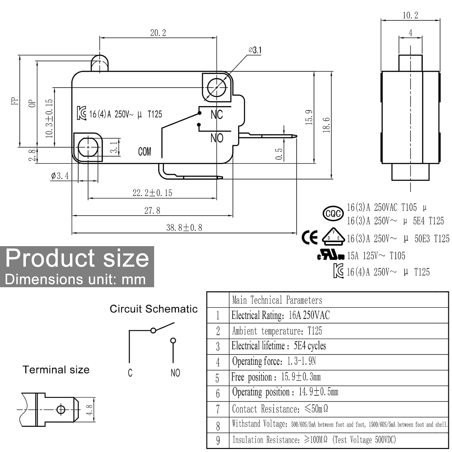 HK-14 Normally Open (NO) Micro Switch (Red 4-Pack), 16A 125/250V AC 2-Pin Air Fryer Door Interlock Switch Compatible with Gourmia Ninja Insignia Instant Pot, Total System Refresh Fixes Door Open Error