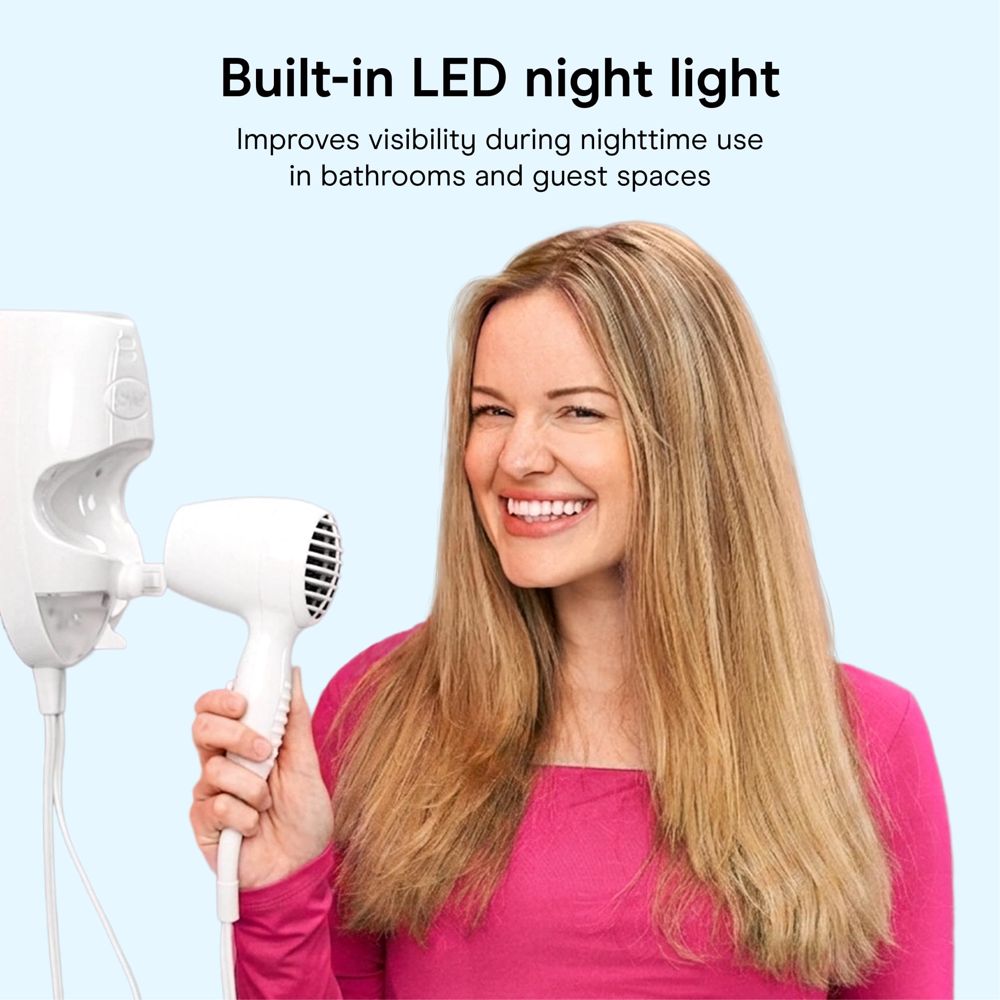Conair Wall Mount Hair Dryer with LED Night Light, 1600W, White