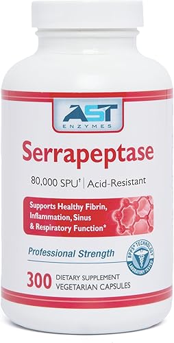 AST Enzymes Serrapeptase 80,000 SPU - 300 cápsulas vegetarianas - Enzimas sistémicas naturales de primera calidad - Serrapeptasa con recubrimiento