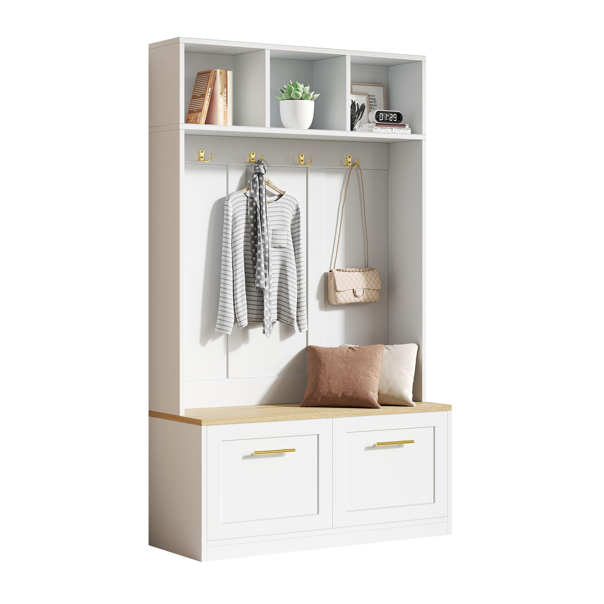 Set appendiabiti con panchina, naturale + bianco, 105 x 40 x 180 cm, spazio aperto e 2 ante – guardaroba compatto con 4 ganci