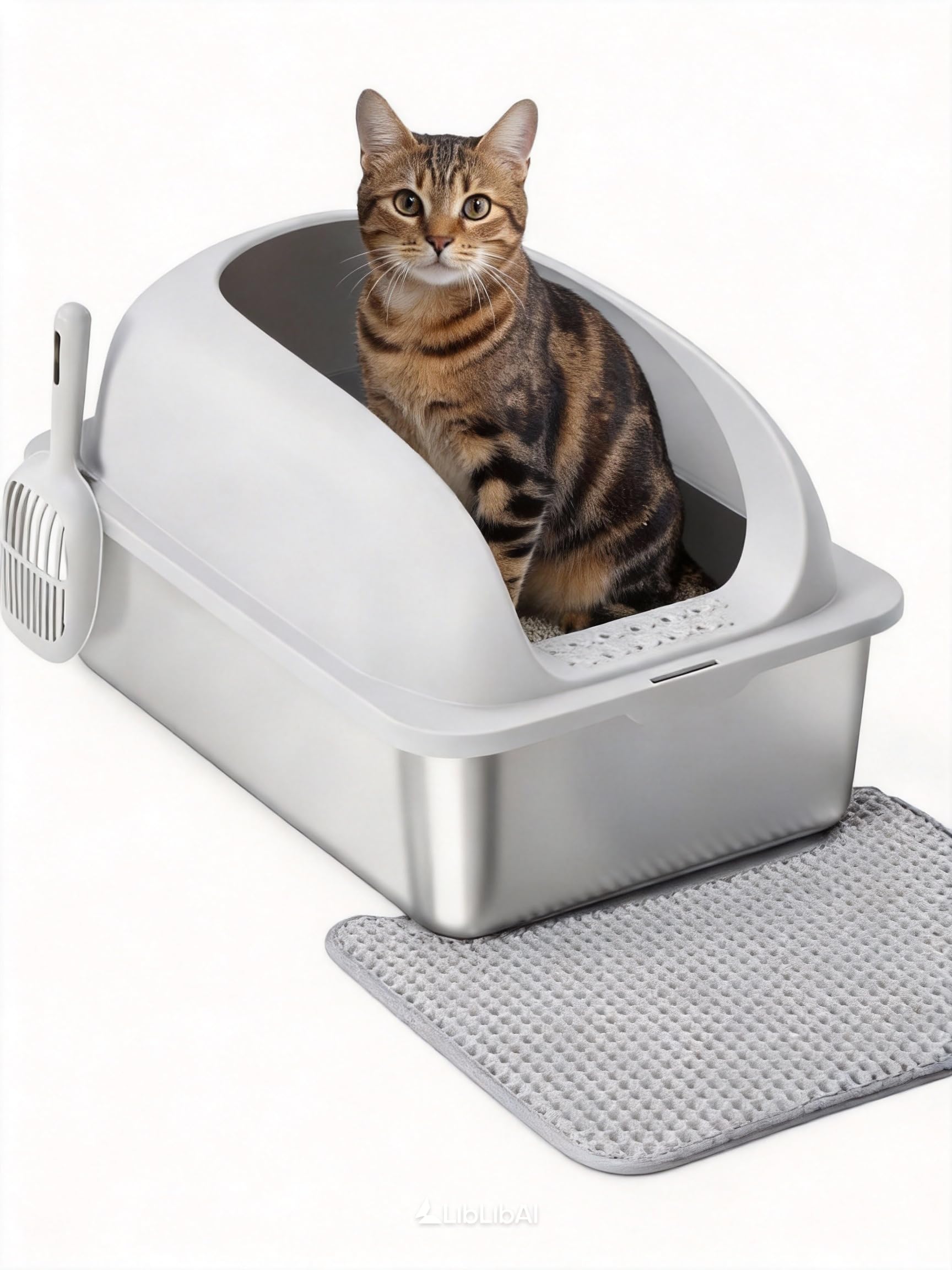 Simple Deluxe XL Stainless Steel Cat Litter Box with Lid, High Sided Metal Litter Pan for Large Cats, Urine-Proof Non-Stick, Light Gray