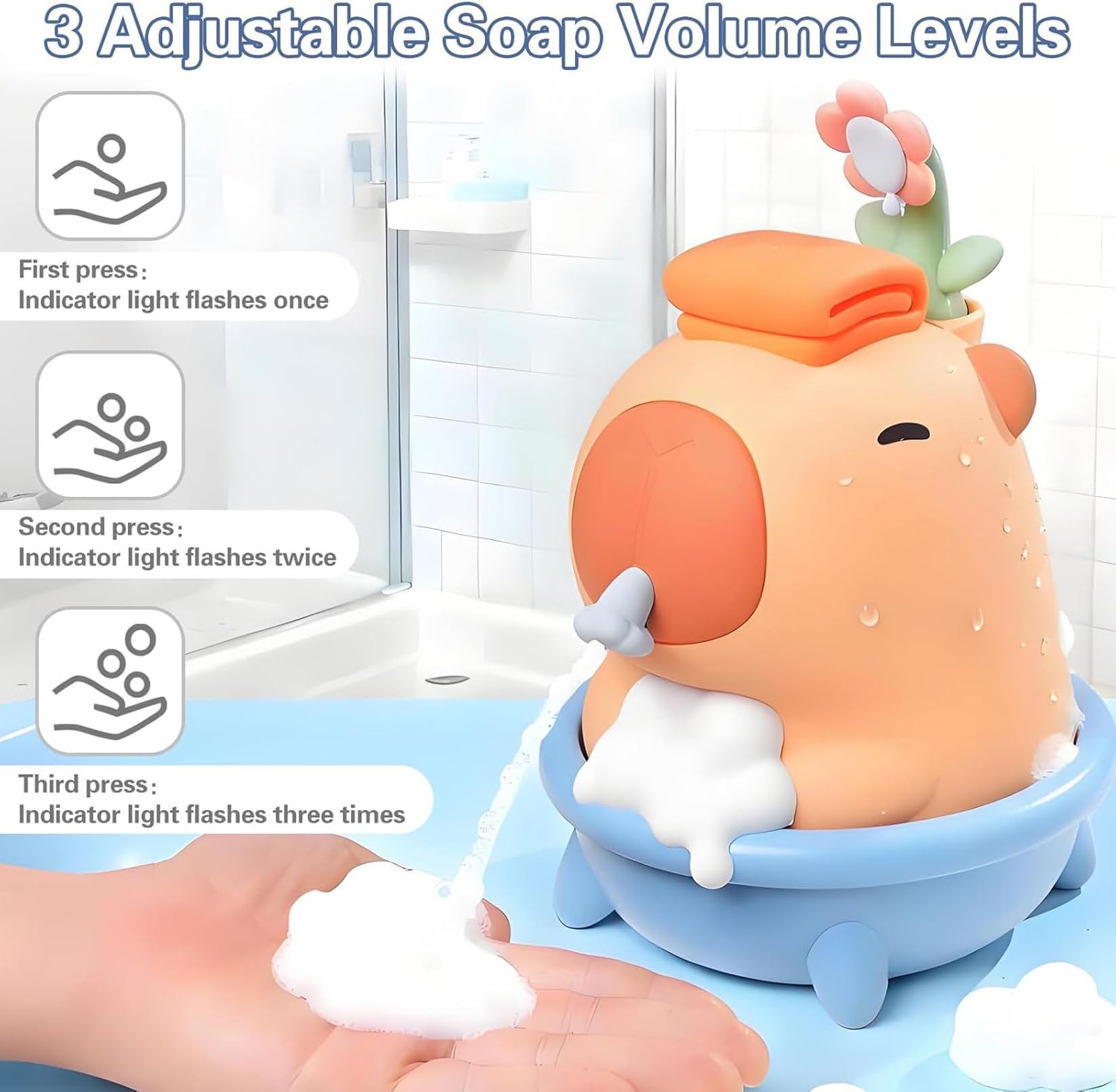 Capybara Automatischer Schaumseifenspender, berührungslos, wiederaufladbar, Wandhalterung und Arbeitsplatte, niedliche Tierseifenpumpe für Badezimmer, Küche, Kinderzimmer, Blau