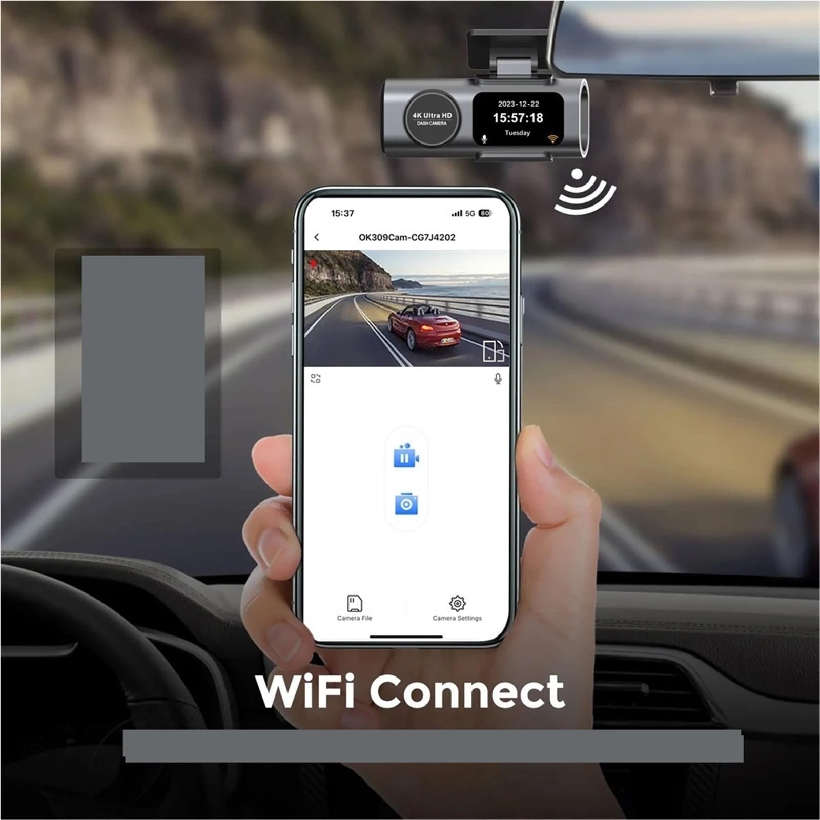 Kamera samochodowa, Kamera Na Deskę Rozdzielczą 4K GPS WIFI APP 24H Noktowizor Mini Tylny Obiektyw Dashcam Wideorejestrator Samochodowy Do Czarnej Skrzynki