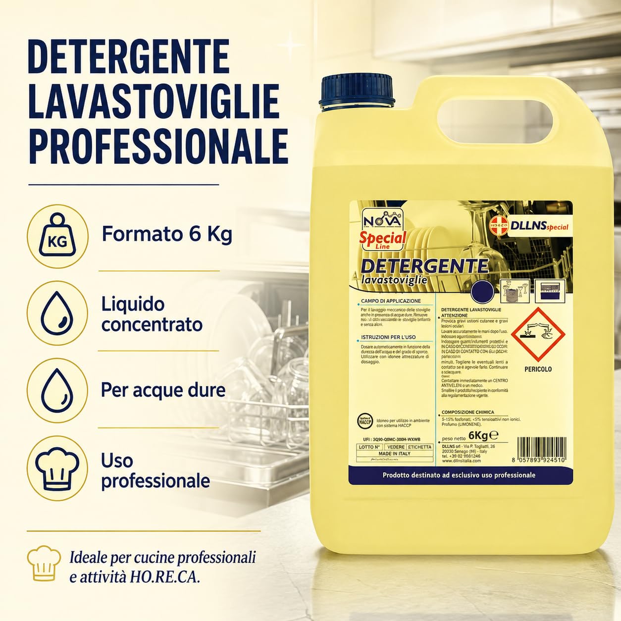 Detergente Lavastoviglie Professionale Liquido, 4 Taniche da 6 kg, Detergente Concentrato per Acque Dure, Pulizia Stoviglie per Ristoranti, Hotel, Bar e Cucine Professionali