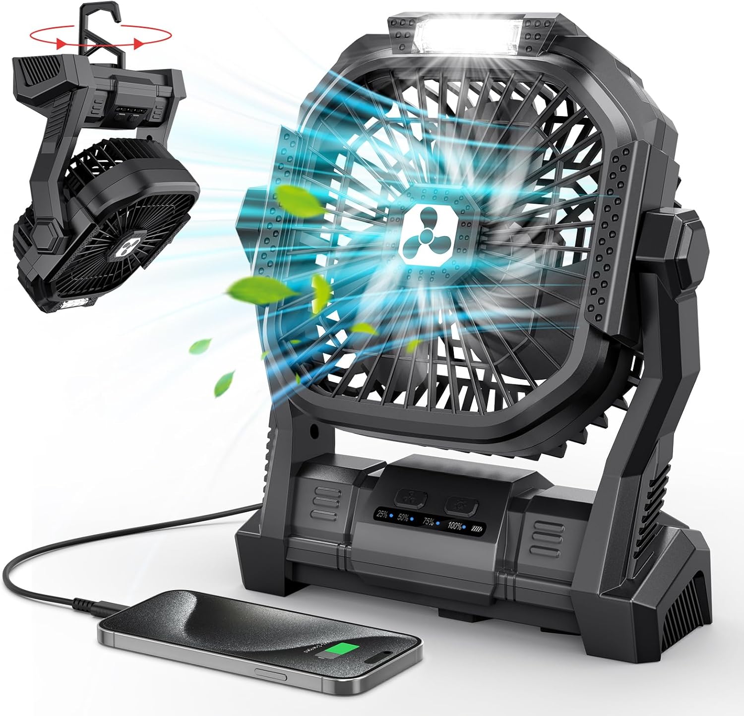 ONLYNEW Portable Fan Rechargeable, 20000mAh Cordless Battery Powered Fan with LED Lantern, USB C Battery Operated for Camping Travel Bedroom Home Tent Office Beach Desk Fishing Table