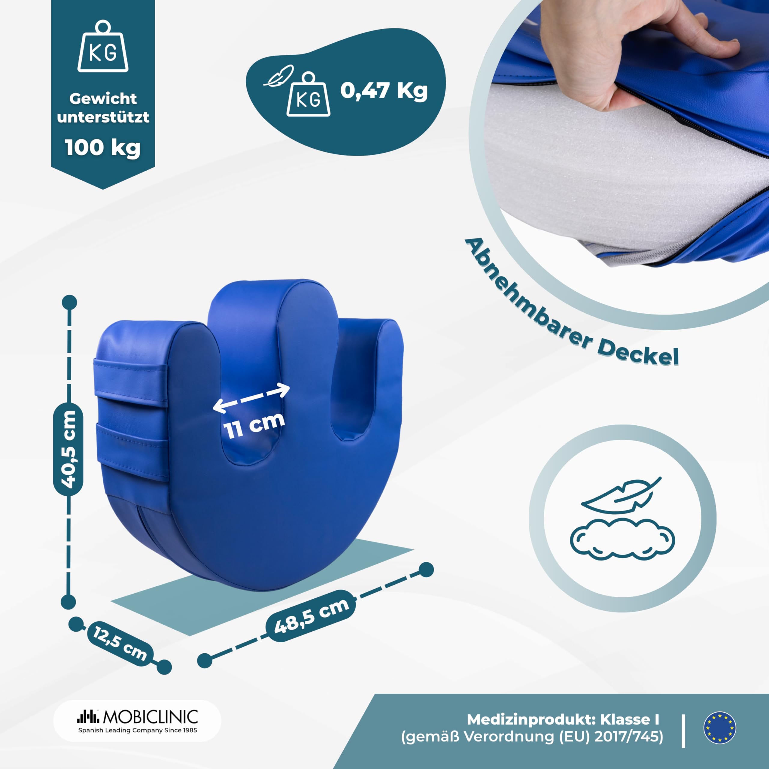 Mobiclinic®, Drehvorrichtung für Patienten, Dekubitusprophylaxe, Schaumstoffkern, Griffe für Umlagerung, U-Form, Abnehmbarer wasserdichter Bezug, rutschfest, 50x40,5x12 cm, 100 kg, Folk
