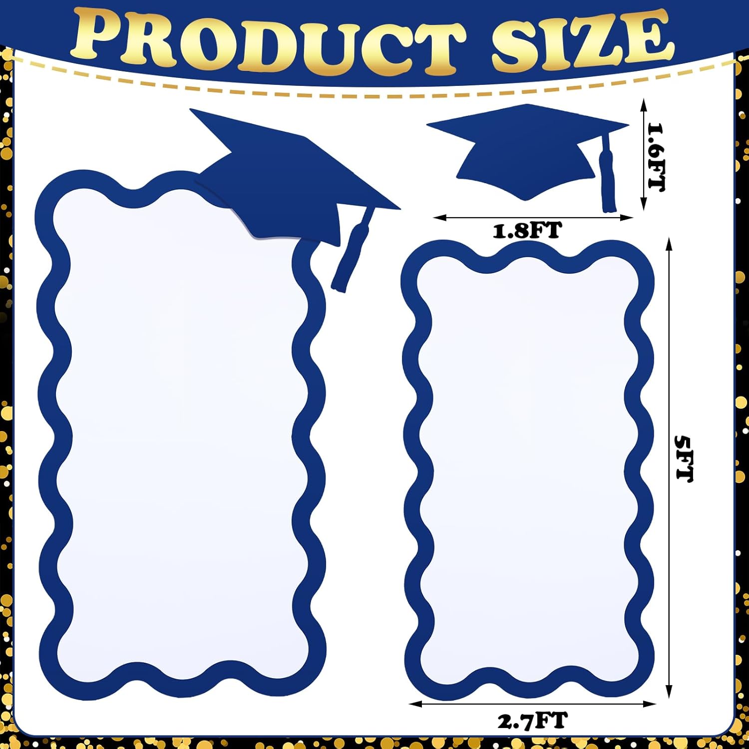 Blue Gold Graduation Party Decorations - 5ft Scalloped Cardboard Class of 2026 Graduation Cap Cardboard Cutout and 134pcs Metallic Blue Gold Balloons with Different Size for Grad Party