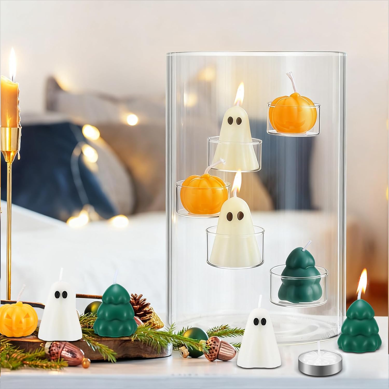 Christmas Glass Hurricane Candle Holder with 18 Pcs Tree Pumpkin Ghost Candles and 5 Tea Light Cylinder Pillar Candle Holder for Xmas Thanksgiving Halloween Table Centerpiece Decorations