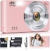 Digital Camera, FHD 4K 44MP Digital Camera Pink with 64GB SD Card 16X Digital Zoom, Cameras for Photography Compact Point and Shoot Small Camera for Teen Boys Girls Kids Camera Digital for Travel
