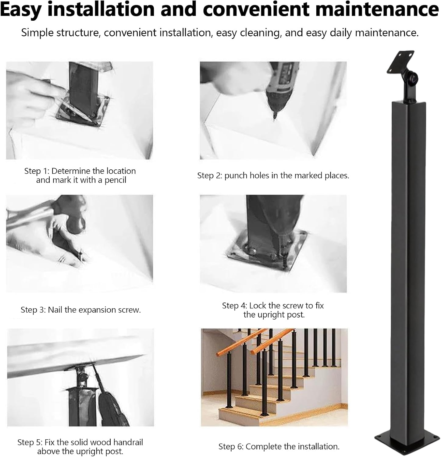 37" Stair Railing Post (Handrail Not Included), Metal Baluster Spindles, Square Metal Baluster Posts with Adjustable Top for Indoor Outdoor Railings Deck Steps Garden-Black