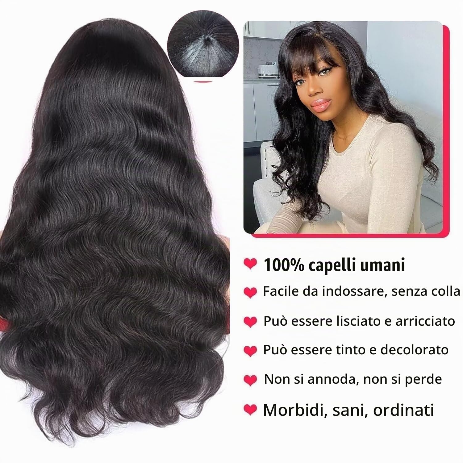 Wavy Human Hair Wig with Bang Body Wave Glueless Wig Human Hair for Women, Parrucca per donna - Parrucche capelli ondulati naturali 14 Inch Natural Black Color