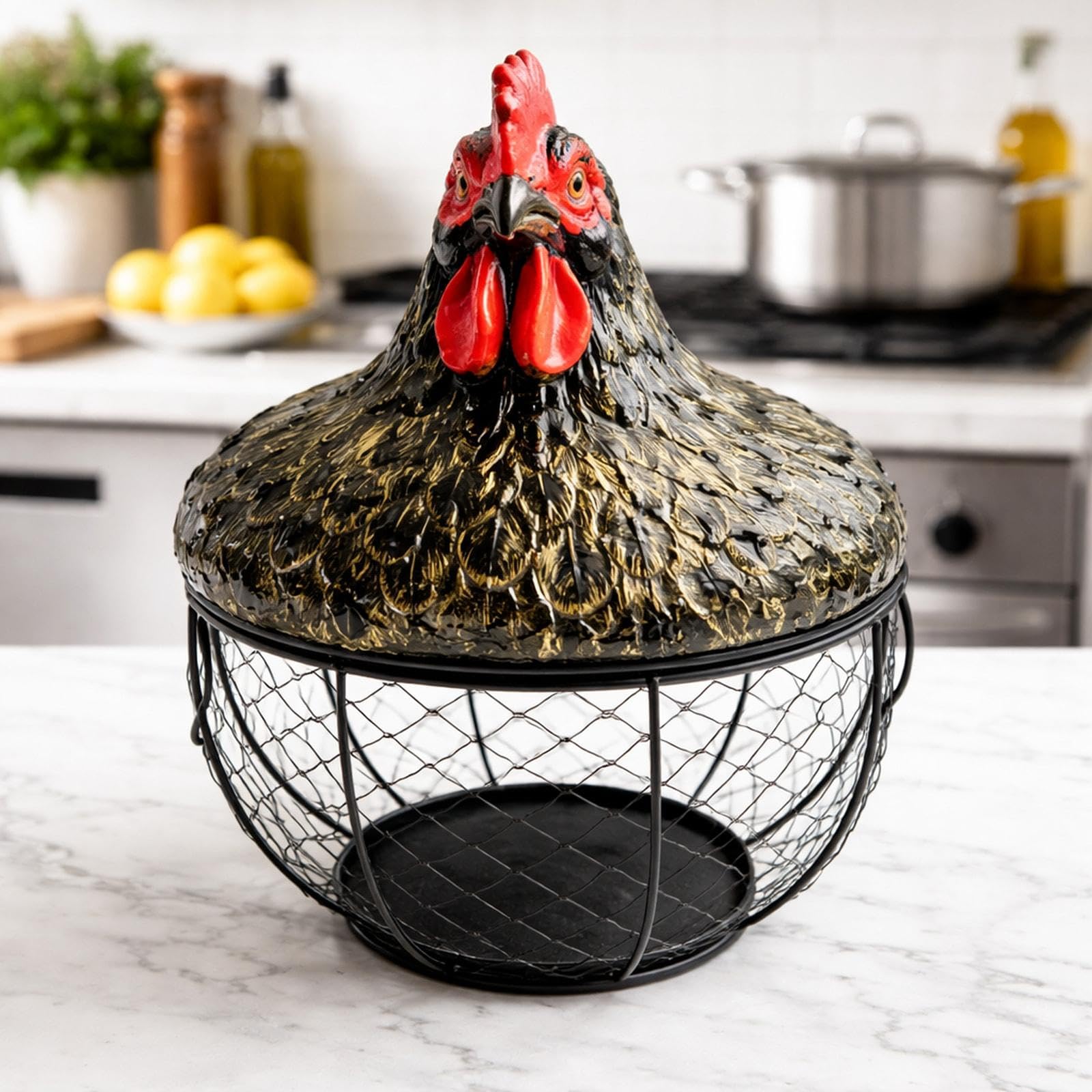 Yajuyi Portador Huevos Canasta Recogida Frutas Verduras Metal Resina Diseño Creativo Función Decorativa Adecuada para Cocina Comedor Regalo, Oro, Individual