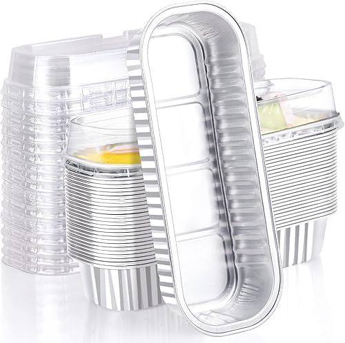 EUSOAR Creme Brulee Ramekins, 25 piezas de 6.8 onzas, 6.5 x 2.5 x 1.2 pulgadas, papel de aluminio plateado para hornear tazas con tapas, moldes