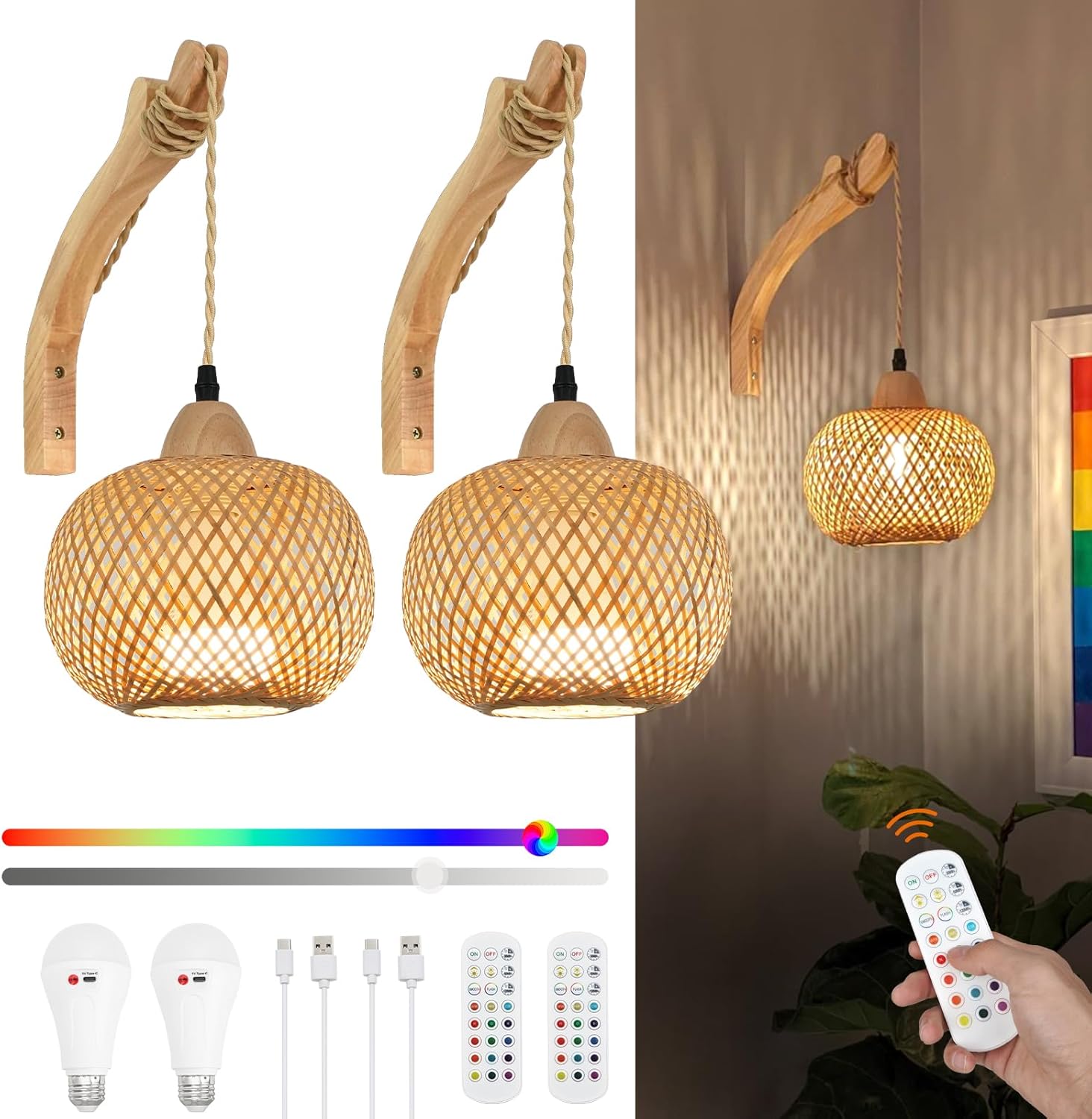 Frideko Rechargeable Battery Operated Wall Sconces Set of Two with Remote, RGB 15 Colors Dimmable Wireless Wall Light, Bamboo Indoor Wall Lamp with 3 Timer, Boho Rattan Wall Lighting for Bedroom