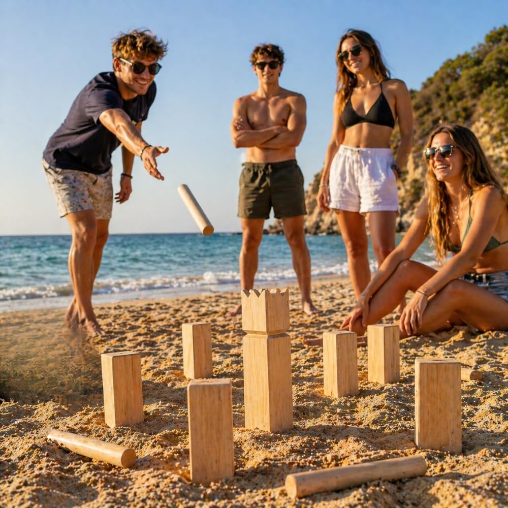 SHOP-STORY Jeu de Kubb en Bois, 21 Pièces, pour 2 à 12 Joueurs, Jeu d'Adresse d'Extérieur, avec Filet de Rangement, Dès 6 Ans