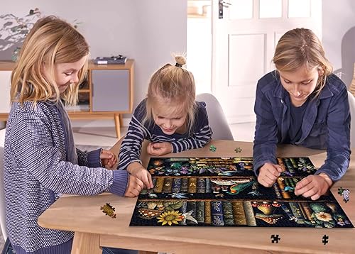 Miniatura 7 de Rompecabezas mágicos de estantería para adultos, 1000 piezas, rompecabezas retro de hongos con flores, rompecabezas de biblioteca de la naturaleza,