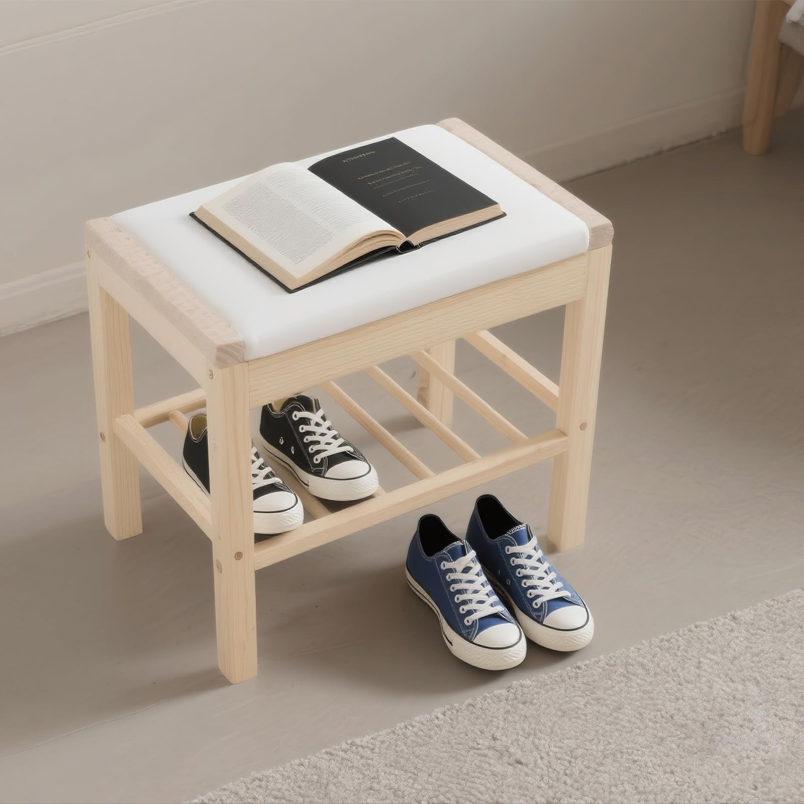 Zapatero de madera con asiento, 45 x 30 x 40 cm, zapatero con cojín, 2 niveles para pasillo, entrada, salón (color registro)