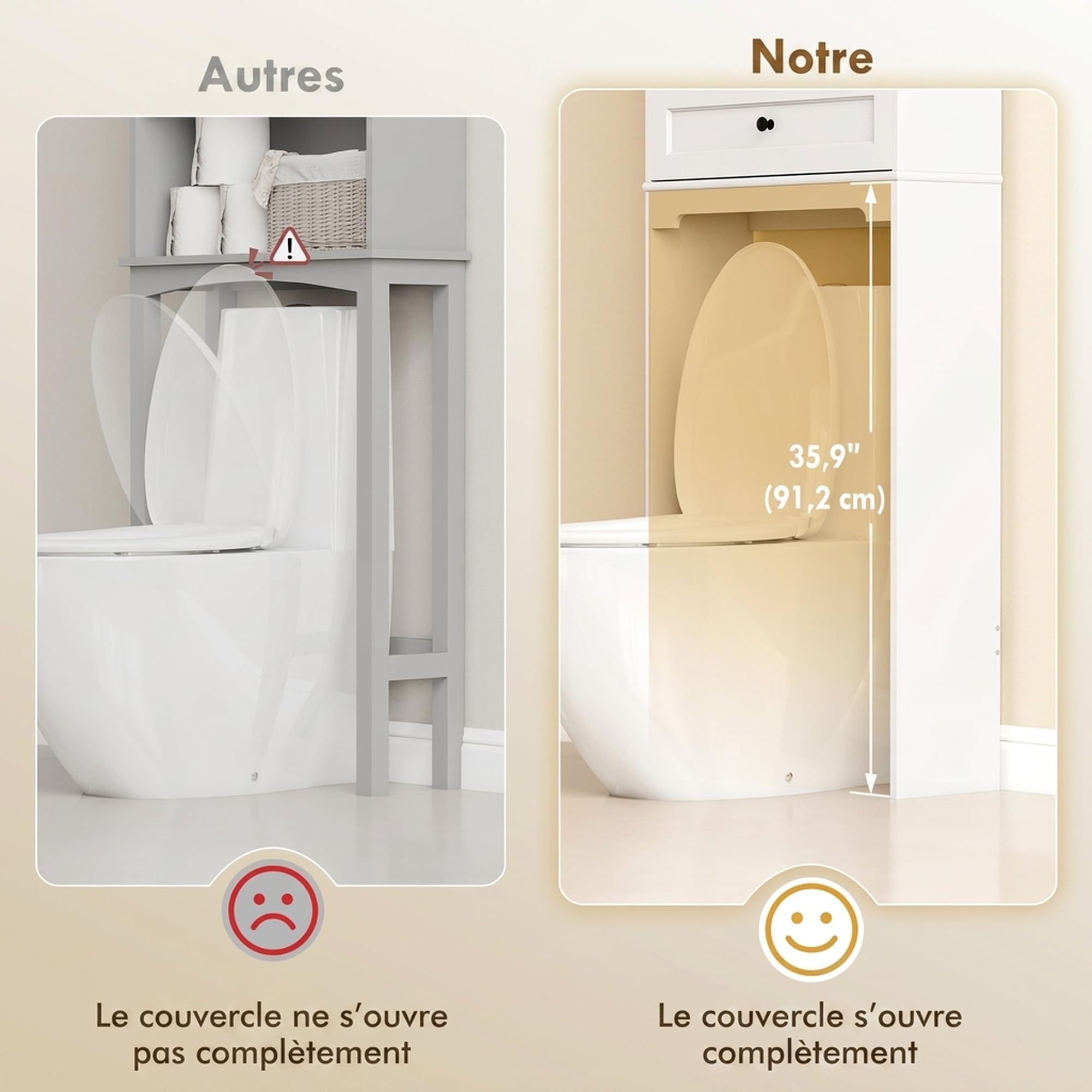 HOMCOM Meuble WC Rangement Dessus de Toilette Tiroir 62 x 23 x 168 cm Blanc