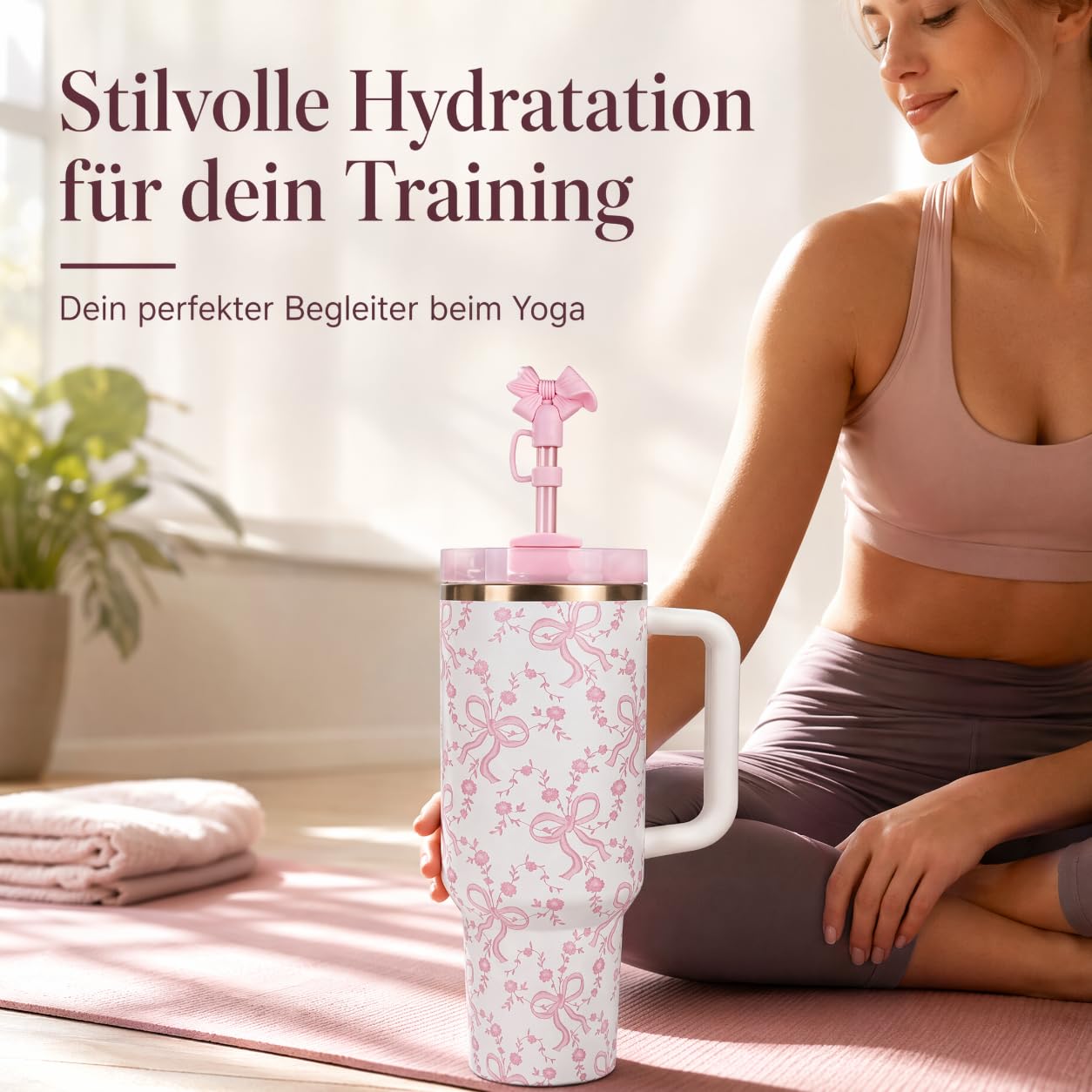 Vaso térmico de 40 oz con tapa y paja, vaso aislado de acero inoxidable con mango y paja, vaso de viaje con lazo y estampado floral para mujer, novia (Coquette