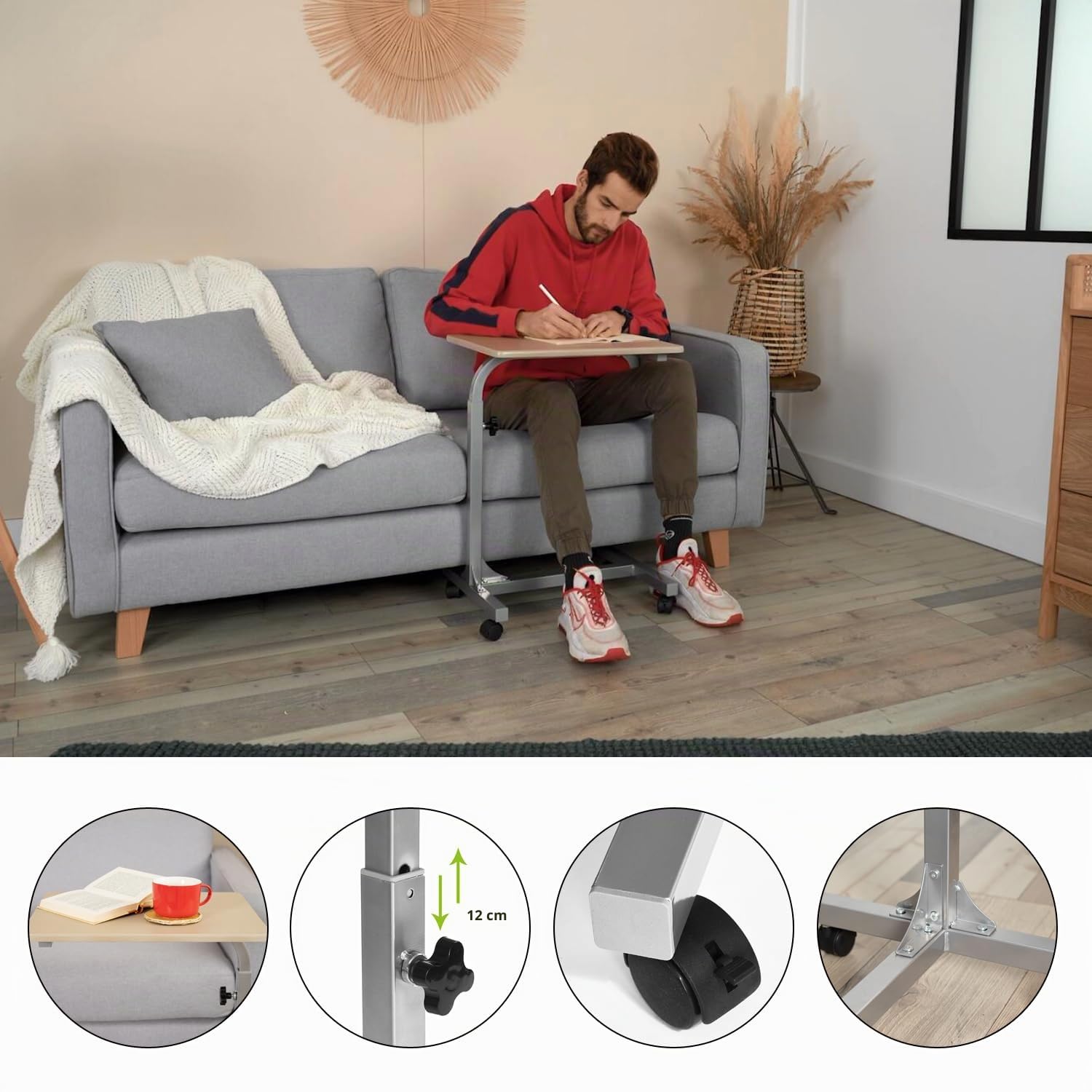 MEUBLE COSY Mesa Auxiliar para Ordenador Altura Ajustable Escritorio Laptop Móvil con 4 Ruedas Mesita de Noche para Cama y Sofá, Roble